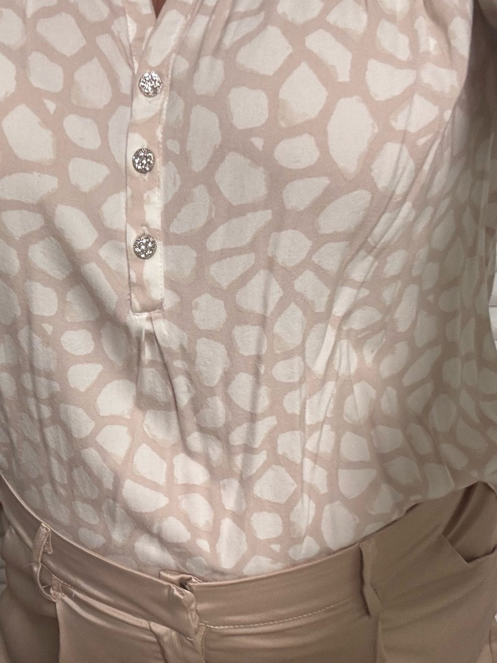 crown & ivy Cream and Beige Printed Blouse with Rhinestone Buttons